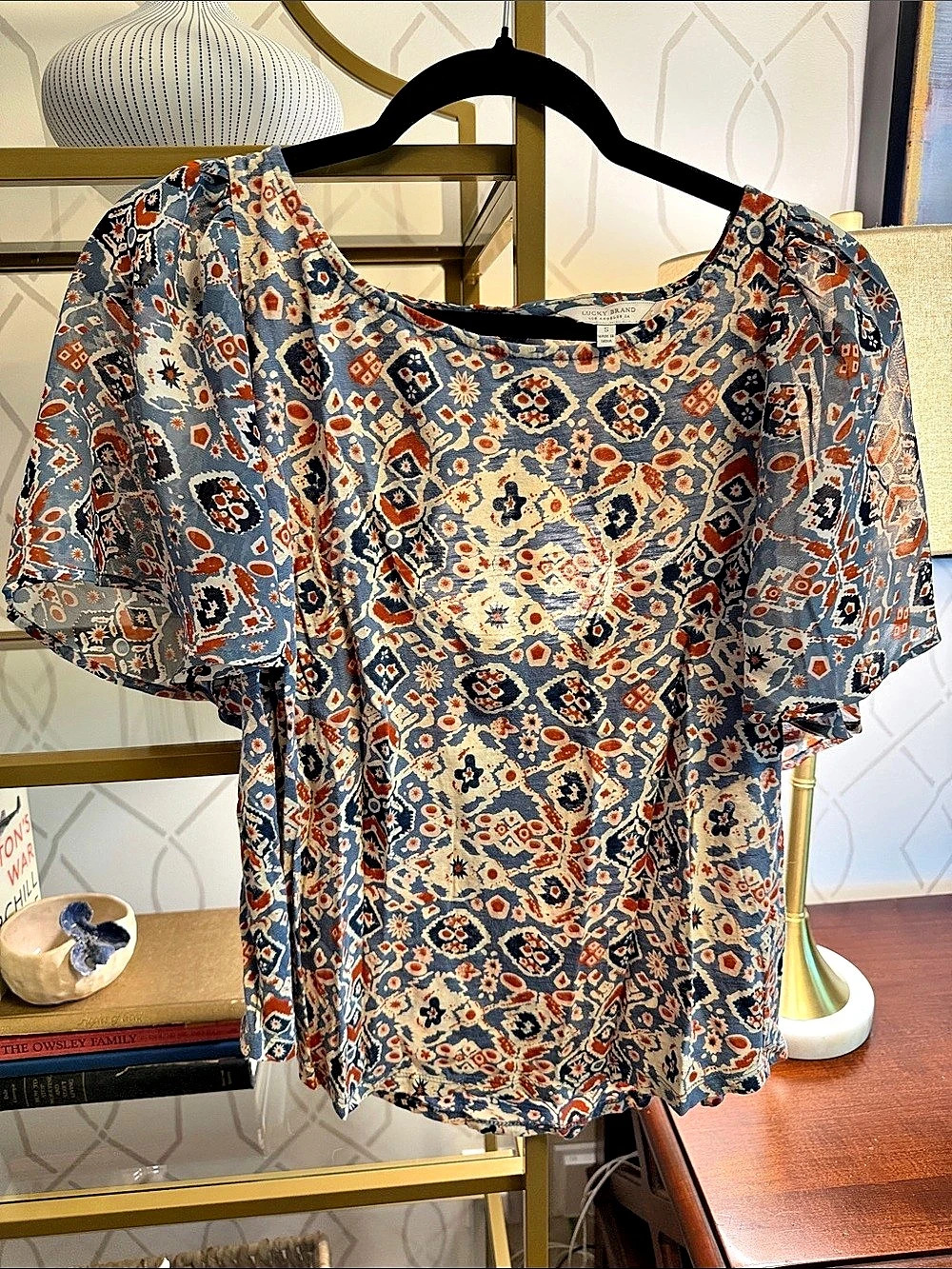 Lucky Brand Geometric Short Sleeve Blouse in Blue & Orange